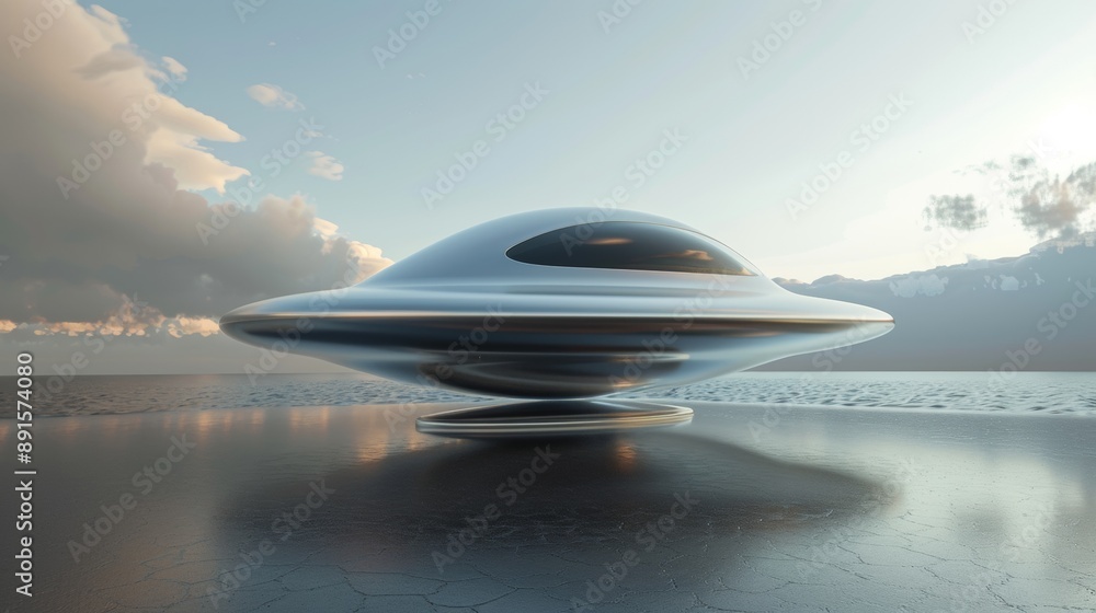 A silver spaceship is floating in the sky above a body of water A silver spaceship is floating in the sky above a body of water