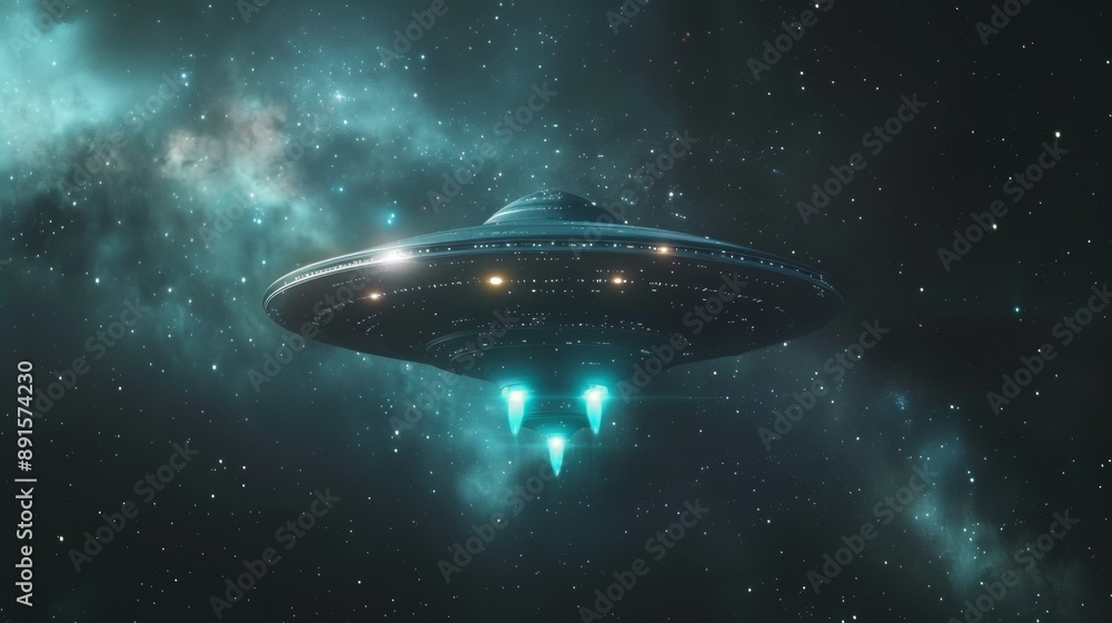 A blue and silver spaceship is flying through the sky A blue and silver spaceship is flying through the sky