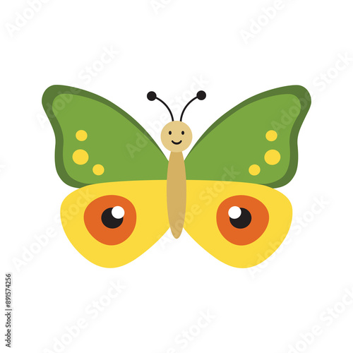 Cute butterfly kids cartoon character. Vector illustration isolated on white background. Color insect clipart. Baby shower design elements. Party invitation, birthday celebration. Spring, summer decor