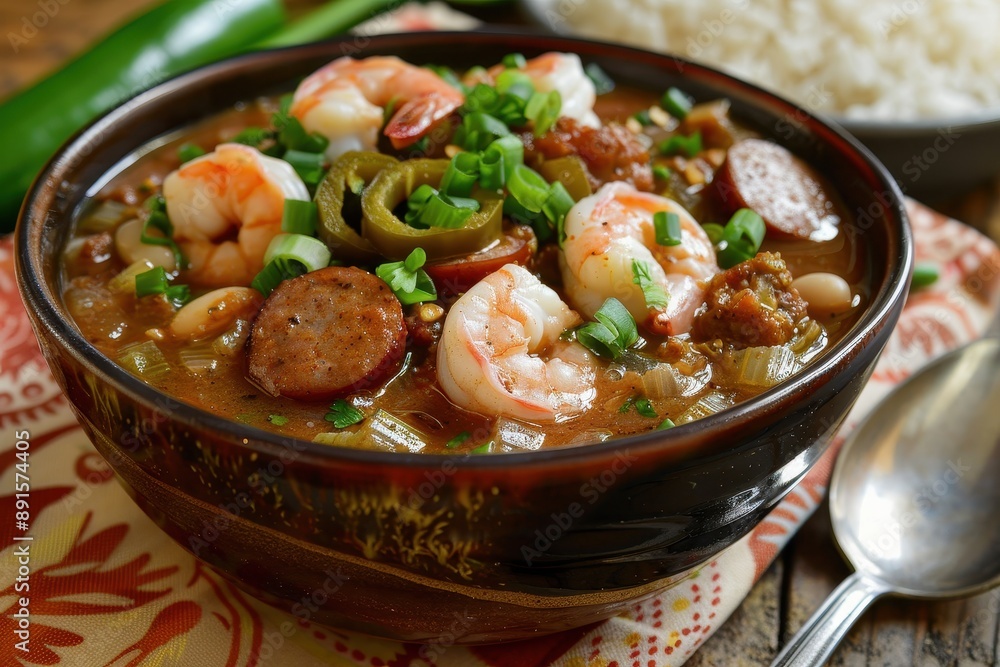 A bowl of gumbo, a hearty stew with shrimp, sausage, okra, and spices, served with a scoop of white rice. A bowl of gumbo, a hearty stew with shrimp, sausage, okra, and spices, served with a scoop of white rice.
