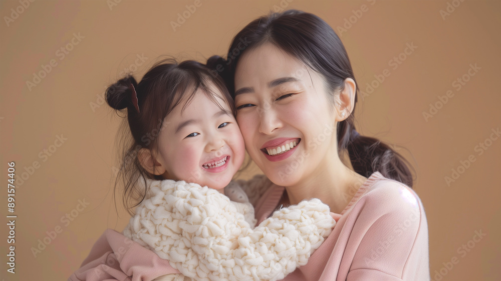 スタジオで笑顔のお母さんと娘 スタジオで笑顔のお母さんと娘