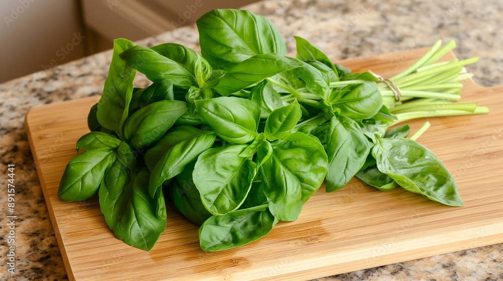 basil leaves on a wooden cutting board. basil leaves on a wooden cutting board.