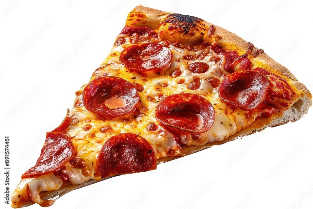 Close-up image of a pepperoni pizza slice with melty cheese and crispy crust, isolated on a white background. Close-up image of a pepperoni pizza slice with melty cheese and crispy crust, isolated on a white background.