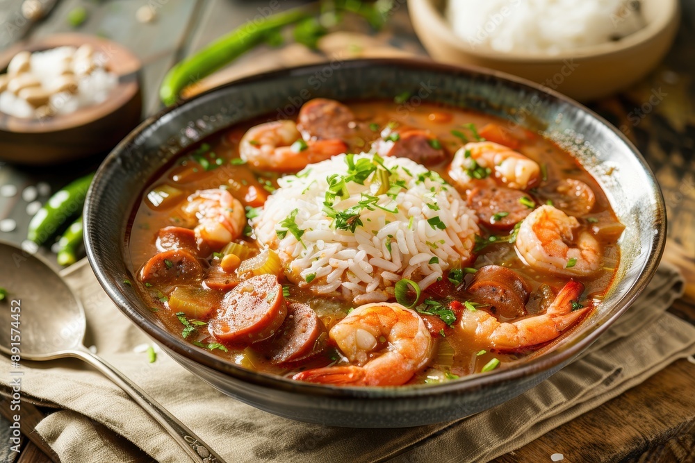 A bowl of gumbo, a hearty stew with shrimp, sausage, okra, and spices, served with a scoop of white rice. A bowl of gumbo, a hearty stew with shrimp, sausage, okra, and spices, served with a scoop of white rice.