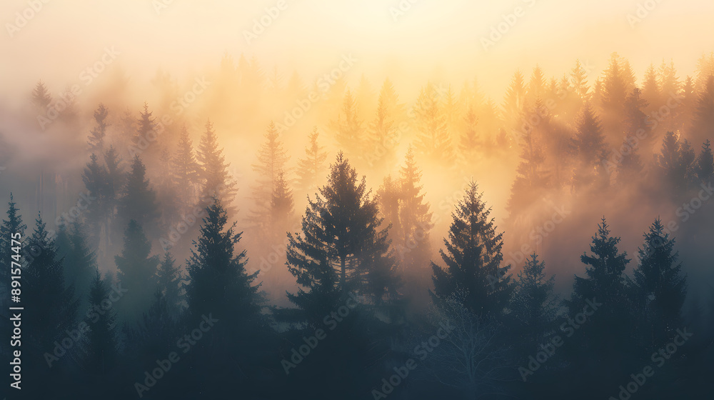 Obraz premium Misty Forest at Sunrise with Golden Light