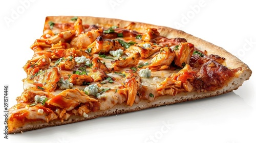 A delicious slice of pizza topped with pieces of chicken and herbs on a white background, showcasing a mouth-watering meal.