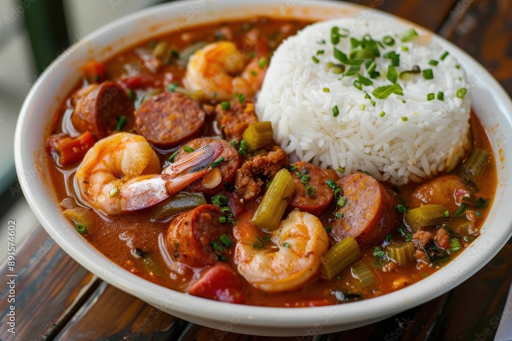 A bowl of gumbo, a hearty stew with shrimp, sausage, okra, and spices, served with a scoop of white rice. A bowl of gumbo, a hearty stew with shrimp, sausage, okra, and spices, served with a scoop of white rice.