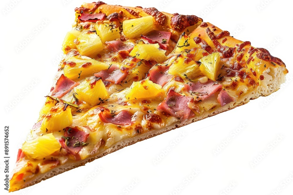 A delicious slice of Hawaiian pizza topped with ham, pineapple, mozzarella cheese, and herbs. Perfect for a quick meal or snack. A delicious slice of Hawaiian pizza topped with ham, pineapple, mozzarella cheese, and herbs. Perfect for a quick meal or snack.