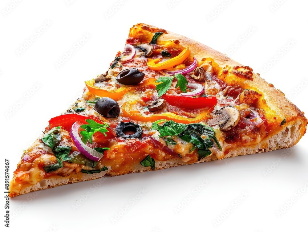 A delicious slice of vegetable pizza with a crispy crust, topped with colorful bell peppers, olives, spinach, onions, and melted cheese. A delicious slice of vegetable pizza with a crispy crust, topped with colorful bell peppers, olives, spinach, onions, and melted cheese.