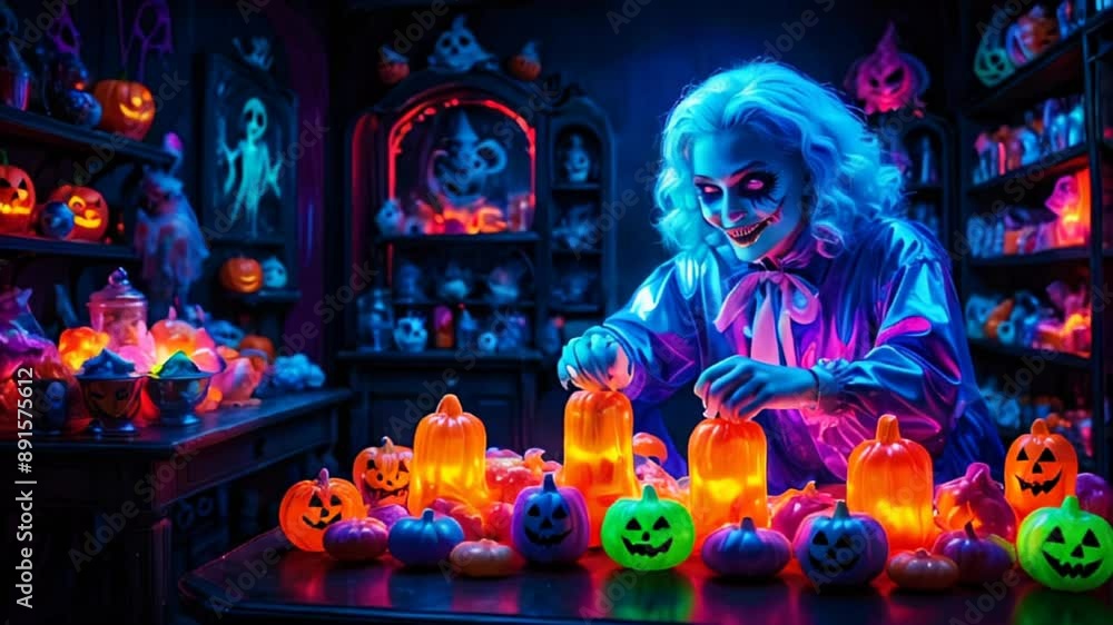 Halloween spirit as you step into a shop adorned with ghostly figures setting up illuminated pumpkin lanterns, creating a magical atmosphere Halloween spirit as you step into a shop adorned with ghostly figures setting up illuminated pumpkin lanterns, creating a magical atmosphere