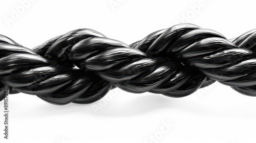 Close-up of a thick, twisted black rope on a white background, showcasing its texture and strength in high detail.