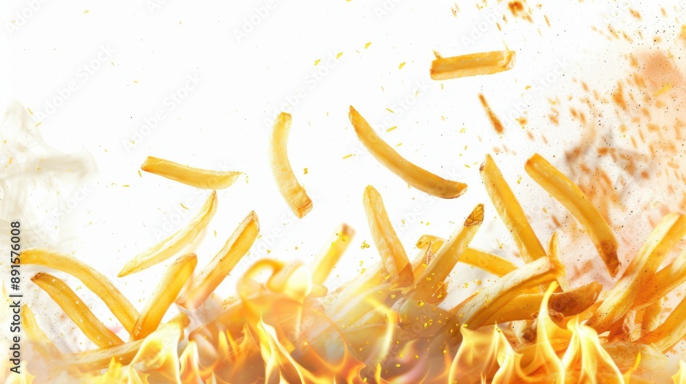Obraz premium French fries levitate isolated on white background.