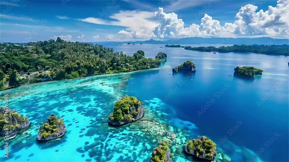 A beautiful blue ocean with a few islands in the distance. The water is calm and clear A beautiful blue ocean with a few islands in the distance. The water is calm and clear