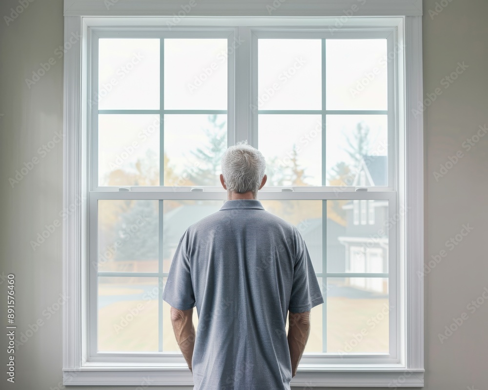 Elderly man gazing out window, back view. Contemplative elderly man looking outside, lonely and pensive moment at home. Elderly man gazing out window, back view. Contemplative elderly man looking outside, lonely and pensive moment at home.