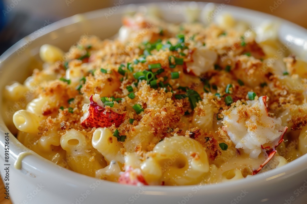 A bowl of lobster mac and cheese, creamy and cheesy, with chunks of lobster meat and a crispy breadcrumb topping A bowl of lobster mac and cheese, creamy and cheesy, with chunks of lobster meat and a crispy breadcrumb topping