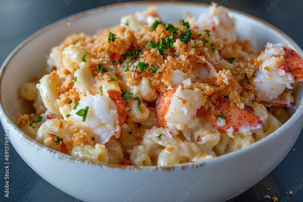A bowl of lobster mac and cheese, creamy and cheesy, with chunks of lobster meat and a crispy breadcrumb topping A bowl of lobster mac and cheese, creamy and cheesy, with chunks of lobster meat and a crispy breadcrumb topping