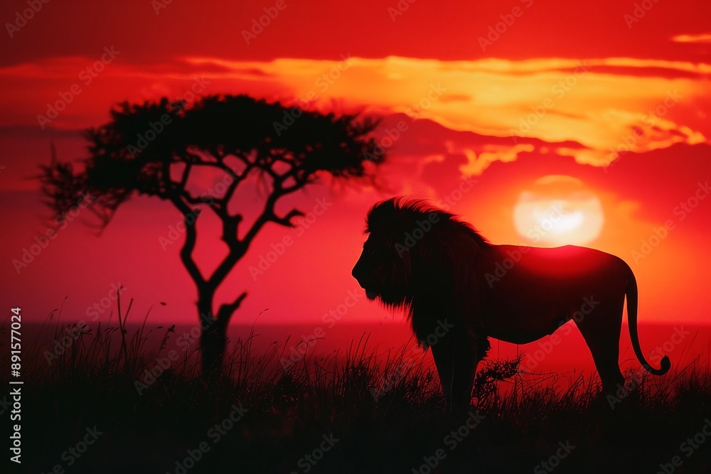 A majestic lion silhouetted against a vibrant sunrise on the African savanna. A majestic lion silhouetted against a vibrant sunrise on the African savanna.