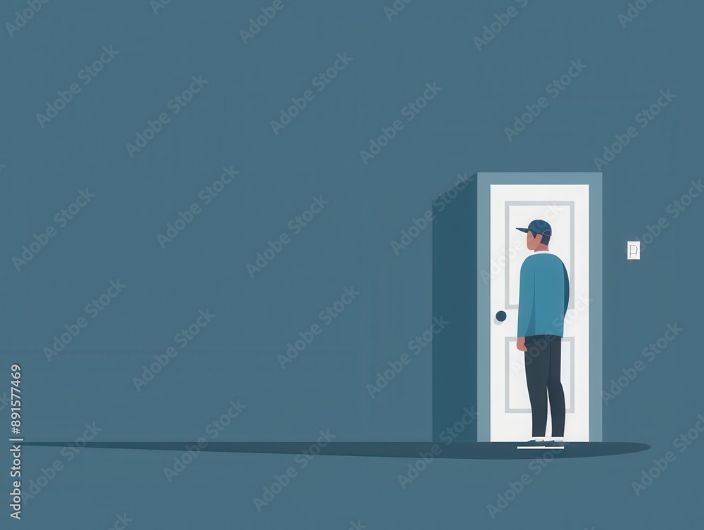 Illustration of a man standing in front of a white door in a blue room. The man wears a cap and casts a long shadow on the floor. Illustration of a man standing in front of a white door in a blue room. The man wears a cap and casts a long shadow on the floor.