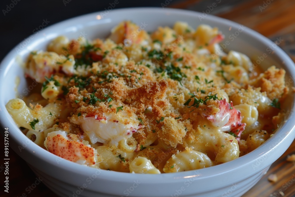 A bowl of lobster mac and cheese, creamy and cheesy, with chunks of lobster meat and a crispy breadcrumb topping A bowl of lobster mac and cheese, creamy and cheesy, with chunks of lobster meat and a crispy breadcrumb topping