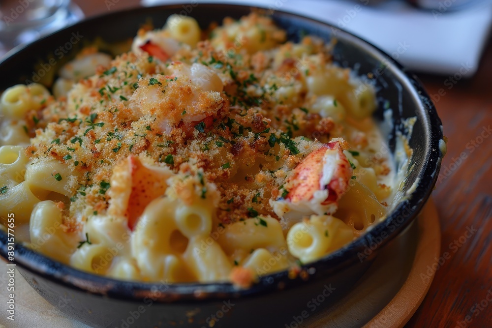 A bowl of lobster mac and cheese, creamy and cheesy, with chunks of lobster meat and a crispy breadcrumb topping A bowl of lobster mac and cheese, creamy and cheesy, with chunks of lobster meat and a crispy breadcrumb topping