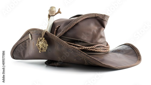 Pirate Hat, Isolated on a White Background, Featuring Classic Details like a Skull and Crossbones Emblem and a Tricorn Design photo