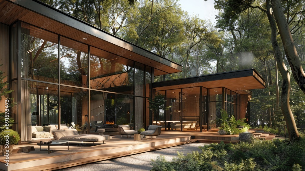 A luxurious forest retreat with a sleek A luxurious forest retreat with a sleek