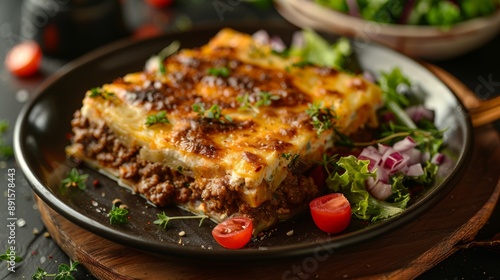 enjoy a tasty plate of moussaka paired with a side of greek salad, a delicious traditional greek dish embodying mediterranean culinary delights