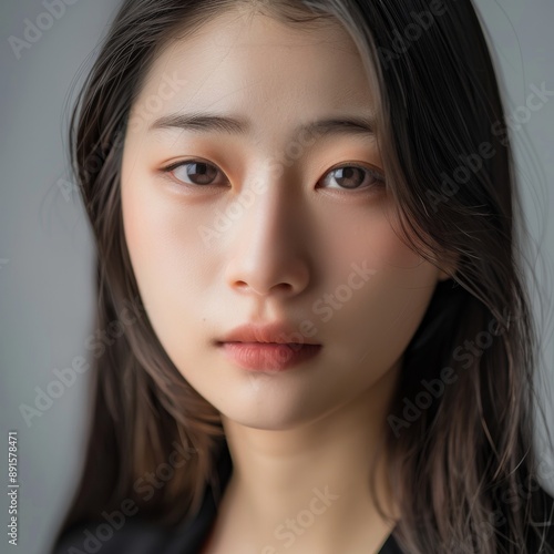 Close-up portrait of a confident korean girl, professional shoot. Close-up portrait. Photo realistic.