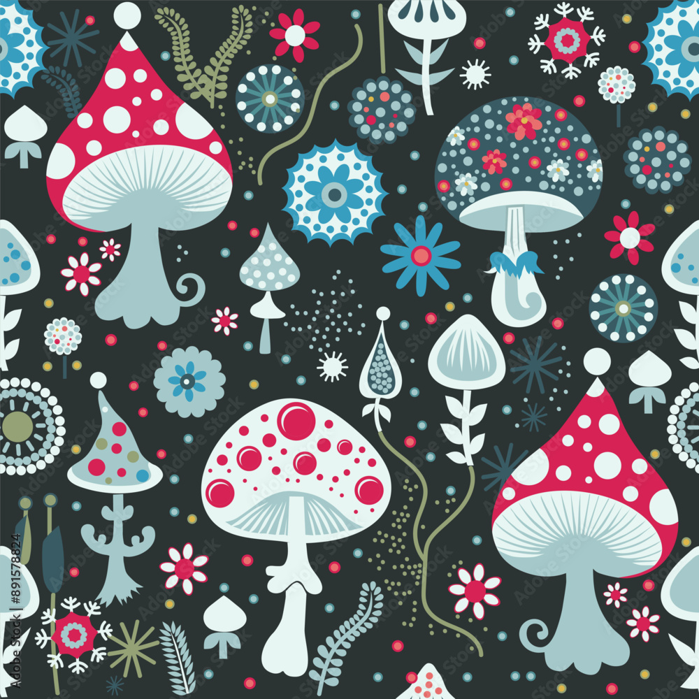 magic mushrooms against the backdrop of a fairy meadow. seamless pattern magic mushrooms against the backdrop of a fairy meadow. seamless pattern