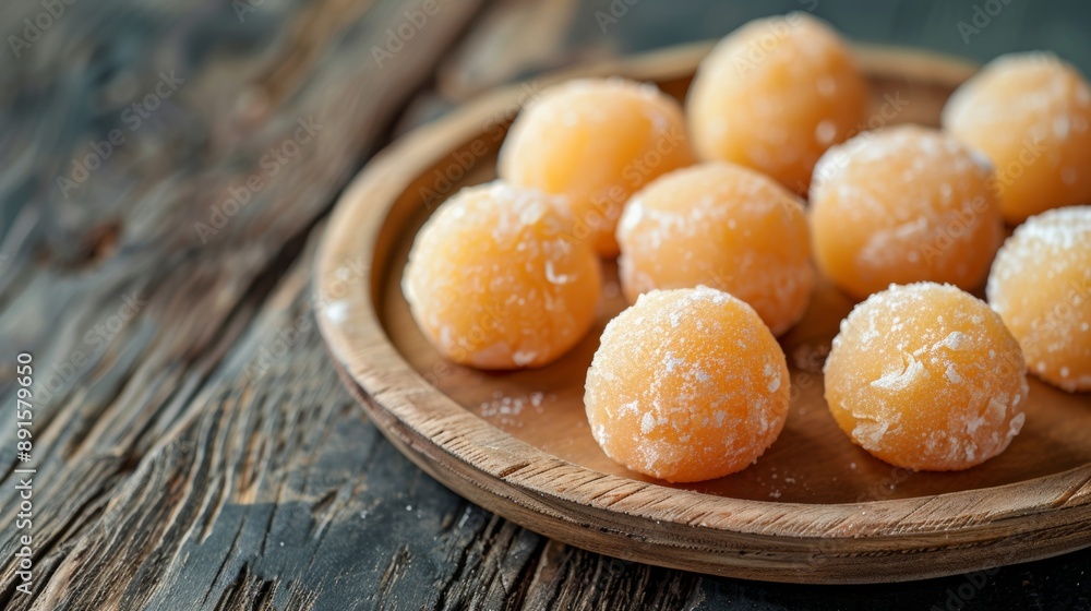 traditional japanese dessert concept with mochi balls on a wooden plate, creating a sweet and sticky treat backdrop for your copy