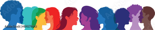 Silhouette of a group of multiethnic people. Racial equality in a multicultural society. Anti-racism concept. Profile silhouettes of different people