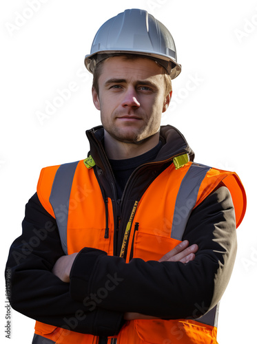 A young male construction worker in helmet stands on a transparent background