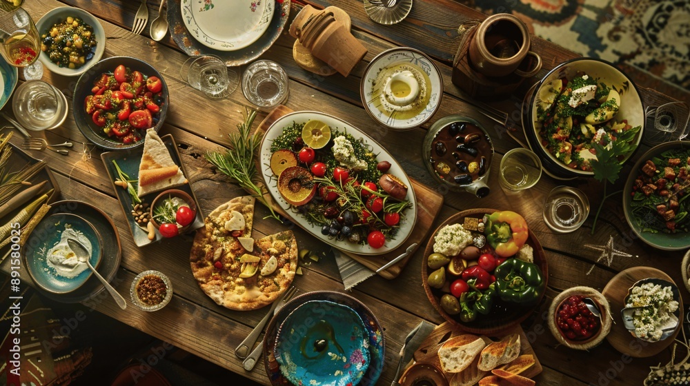 A wood table of mediterranean mezze spread A wood table of mediterranean mezze spread