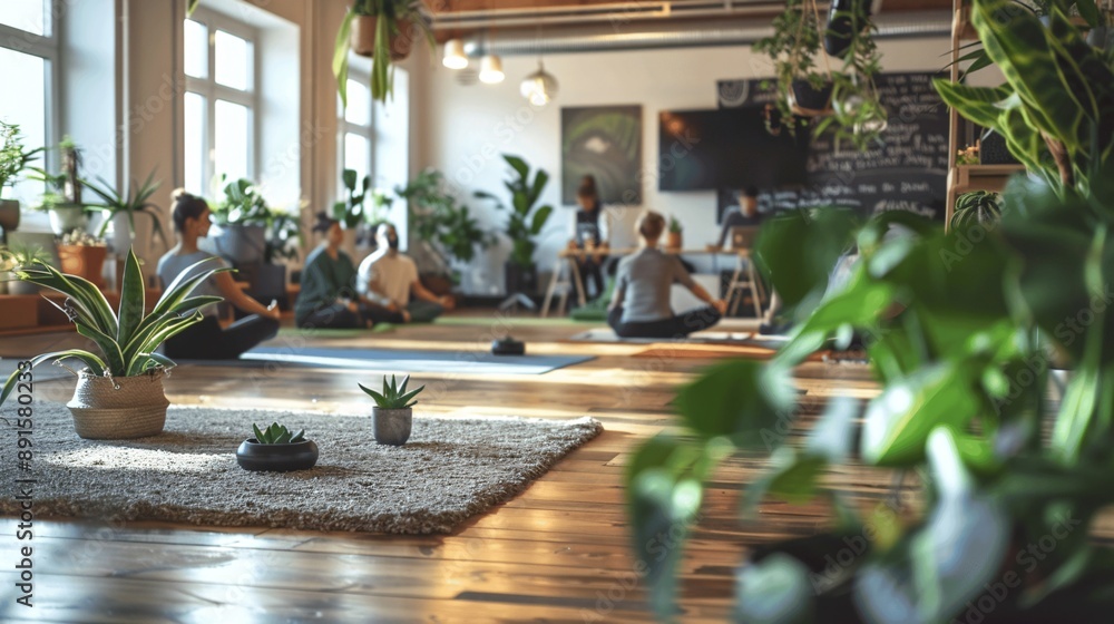 A yoga room with plant, reflecting relaxation and wellness A yoga room with plant, reflecting relaxation and wellness