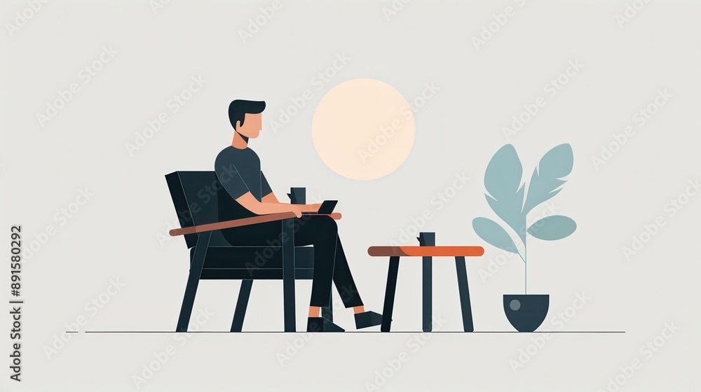 Minimalistic illustration of a person sitting in a chair with a coffee on a small table and a plant nearby. Minimalistic illustration of a person sitting in a chair with a coffee on a small table and a plant nearby.