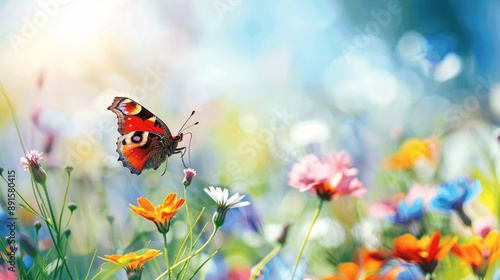 Colorful butterfly resting on a flower in a summer meadow