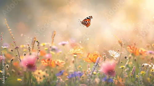 A summer meadow with flowers, butterflies, and ladybugs in a field