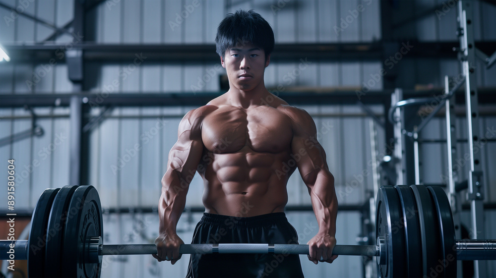 バーベルを持ち上げる日本人男性重量挙げ選手 バーベルを持ち上げる日本人男性重量挙げ選手