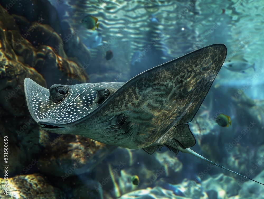 Fototapeta premium A Close-Up View of a Spotted Ray Swimming Gracefully Through the Aquarium Water.