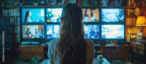 Woman Watching Multiple Screens in a Room