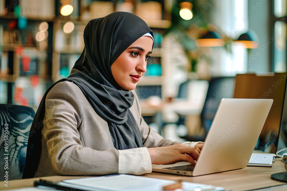 Femme portant un hijab travaillant sur ordinateur dans un bureau Femme portant un hijab travaillant sur ordinateur dans un bureau