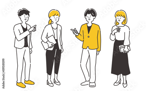 立ってミーティング・会話をするビジネスパーソン（男女）の全身イラスト素材