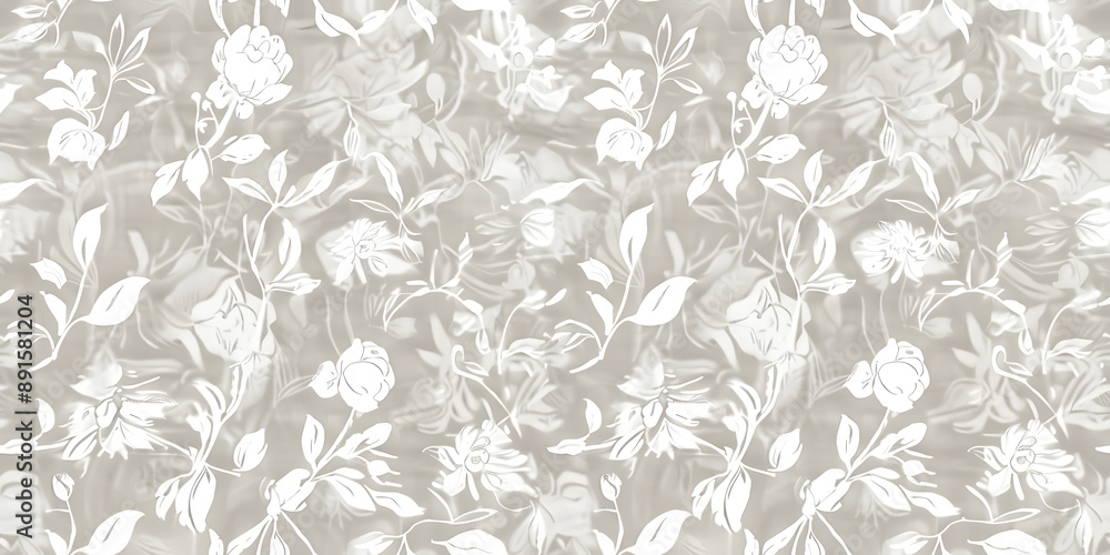 Seamless french gender neutral floral linen printed fabric border background. Light mottled white on grey cottage core block print pattern. Shabby chic woven duotone cloth effect. Seamless french gender neutral floral linen printed fabric border background. Light mottled white on grey cottage core block print pattern. Shabby chic woven duotone cloth effect.
