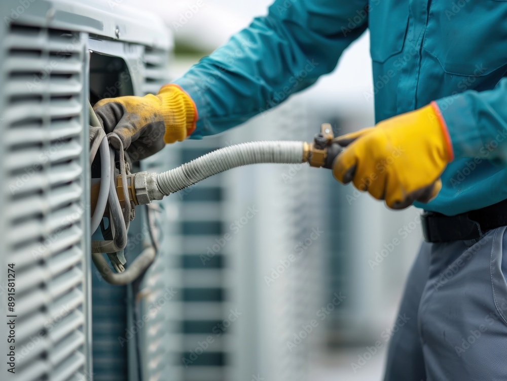 Technician in uniform repairing air conditioning unit, wearing yellow gloves, performing maintenance of HVAC system on rooftop. Technician in uniform repairing air conditioning unit, wearing yellow gloves, performing maintenance of HVAC system on rooftop.
