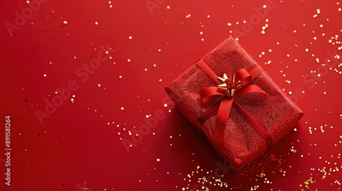 Red Gift Box on a Red Background, Adorned with Gold Sequins, Creating a Luxurious and Festive Atmosphere photo