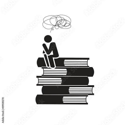 Man sitting on books pile thinking