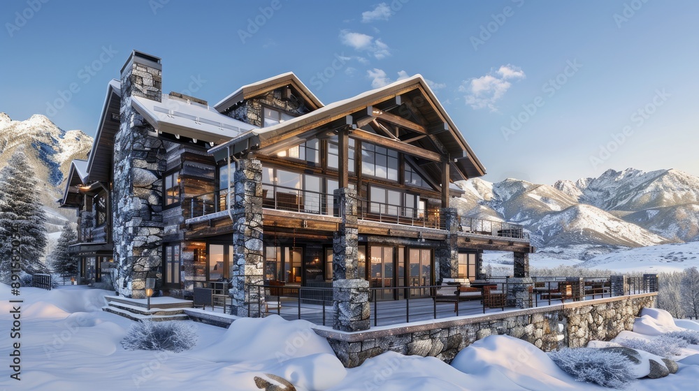 A luxurious mountain lodge with a modern rustic design A luxurious mountain lodge with a modern rustic design