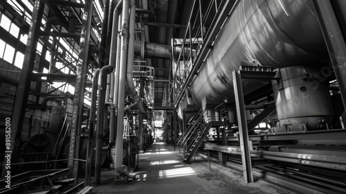 BThe guts of a massive industrial building with many pipes and catwalks photo