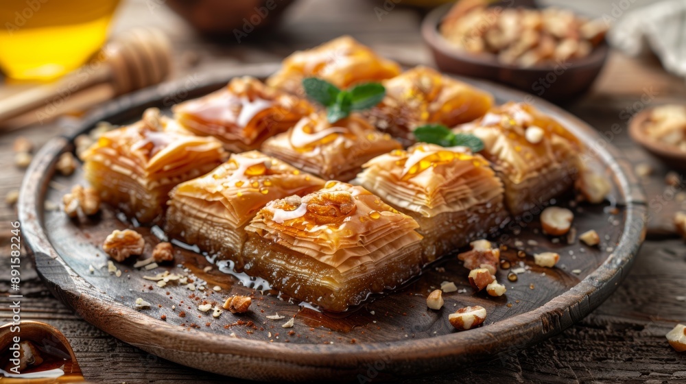 greek dessert specialties, a platter of baklava topped with honey and nuts a sweet greek dessert, capturing the flavors of authentic mediterranean cuisine greek dessert specialties, a platter of baklava topped with honey and nuts a sweet greek dessert, capturing the flavors of authentic mediterranean cuisine