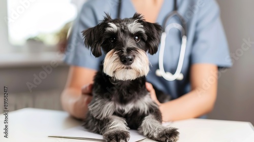 Miniature Schnauzer Dressed as a Doctor, Featuring a Cute White Lab Coat and Stethoscope, Posed in a Playful Medical Setting photo